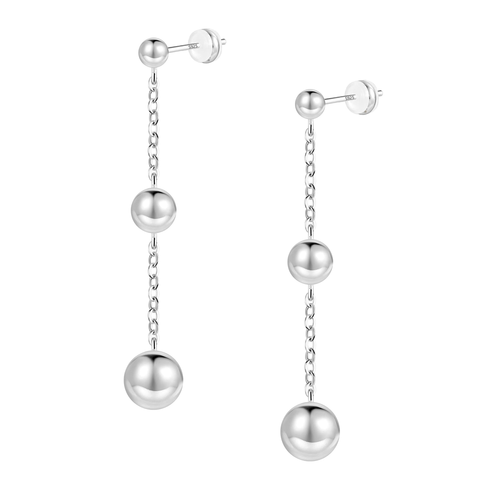 Triple Ball Bead Sterling Silver Dangle Drop Earrings with Push Back Mechanism for Women - Sleek & Lightweight Design