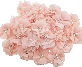 Rhinestone and Pearl Chiffon Fabric Flower Brooches by DonLeeving, Sew-On Appliques in Pink for Crafters and DIY Fashion, Pack of 30 Classic Floral Design Pieces