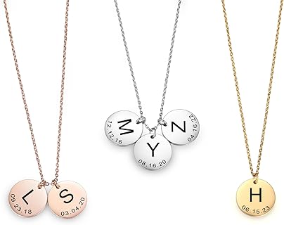 INBLUE Collier Rond à Personnaliser avec Initiales et Date pour Femmes, 18 pouces en Acier Inoxydable, Disponible en Argent, Or et Or Rose, avec Option Boîte Cadeau. Idéal pour Cadeaux