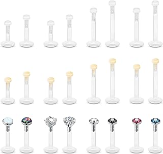 24Pcs Bioflex Clear Lip Labret Rings Plastic Medusa Monroe Piercing Studs Plastic Flat Back Skintone Retainers Push Fit Jewelry for Ashelry Helix 6mm 8mm 10mm 12mm for Work 16G