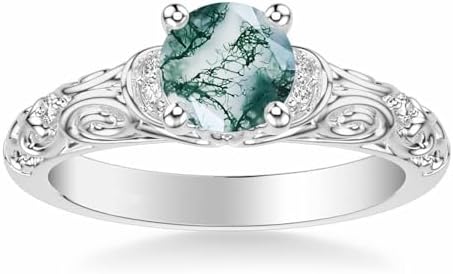 Vintage Moss Agate and Moissanite Engagement Ring for Women in 925 Sterling Silver, 10K, 14K, or 18K White Gold with Unique Design