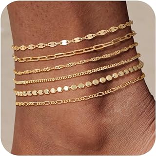 TEWIKY Waterproof Ankle Bracelets for Women, 14K Real Gold Filled Anklets for Women 6PCS Thiny Herringbone Box Paperclip Bead Figaro Cuban Link Anklet Set Dainty Gold Jewelry for Women Cute Summer Beach Jewelry