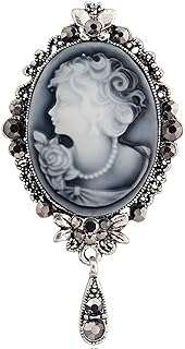 Gyn&Joy Womens Rhinestones Grey Purple Vintage Antique Tear Drop Cameo Lady Brooch Pin
