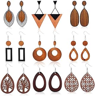Udalyn 9 Pair Set of Lightweight Wooden Dangle Earrings with French Wire Back Finding & Cubic Zirconia Accents for Women