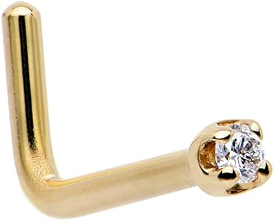 Chic Body Candy 14k Solid Yellow Gold L-Shaped Nose Ring, Adorned with Genuine White Diamond, Handcrafted in USA