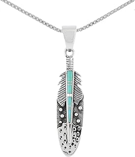 925 Sterling Silver Gemstone & Turquoise Feather Necklace (Pendant & 24" Chain)