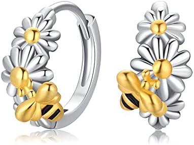Daisy Hoop Earrings,Hypoallergenic 925 Sterling Silver Bee with Small Flower Hoop Earrings Gift for Women Girls Huggie Earrings for Sensitive Ears