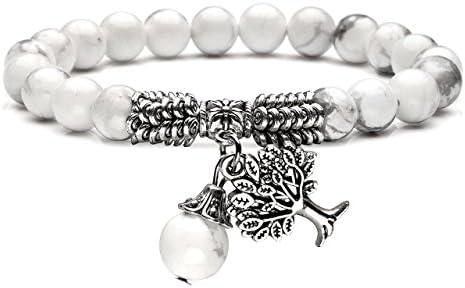 Jovivi 8MM Purple Amethyst Natural Gemstone Tree of Life Lucky Charm Stretch Bracelet