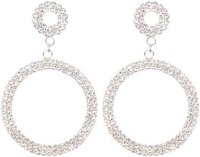 Sparkly Rhinestone Round Circle Dangle Earrings with Pierced Post Back for Women's Wedding Jewelry