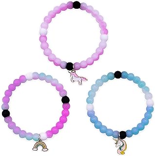 3-Pack Silicone Bead Chain Bracelets with Lobster Claw Clasp, Unicorn Themed Fashion for Girls, Blue Pink Black Designs