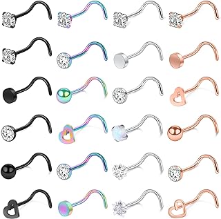 Yaalozei 18G 20G Nose Rings Piercings Hypoallergenic Nose Studs 316L Surgical Steel Heart Nose Rings L Shaped Straight Screw Nose Piercing Jewelry for Women Men Silver BLack Rose Gold Colorful