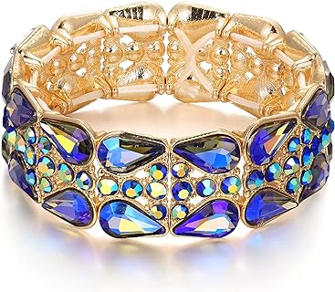 BriLove Wedding Bridal Elegant Crystal Double Row Teardrop Rhinestones Cluster Stretch Bangle Bracelet for Bride