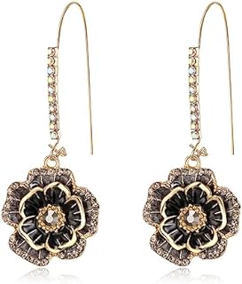 BriLove Elegant Gold Flower Dangle Earrings with French Wire Back Finding, Enamel, and Crystal Accents for Women