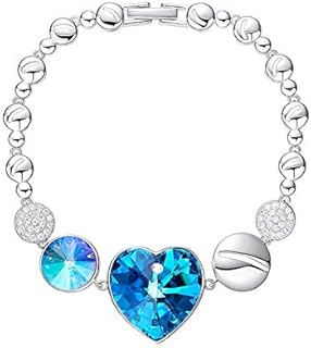 Monogram Royal Blue Heart Crystal Box Chain Bracelet with No Clasp for Women, Allergy-free Nickel-free Gold Plated Jewelry