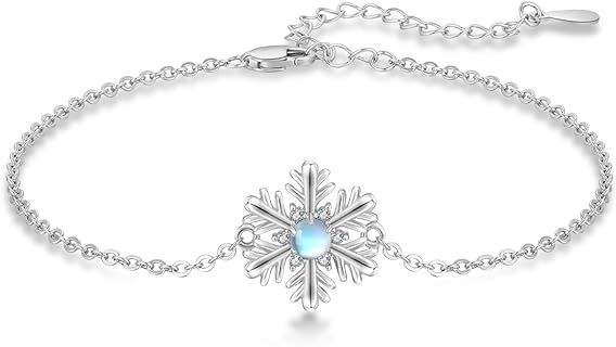 JUSTKIDSTOY Sterling Silver Snowflake Bracelet with Moonstone & Rolo Chain - Lobster Claw Charm Bracelets for Women and Girls - Ideal X-Mas Gift