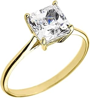 10K Yellow Gold Princess Cut Square Cubic Zirconia Solitaire Cathedral Engagement Ring