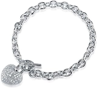 Cubic Zirconia Heart Toggle Charm Bracelet with Rolo Chain for Women, Silver Tone Fashion Design