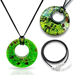 Handmade Murano Inspired Gorgeous Artist Made Oval Green Glass Necklace Pendants Handcrafted Blown Hypoallergenic Artisan Lampwork Italian Style Glass Jewelry