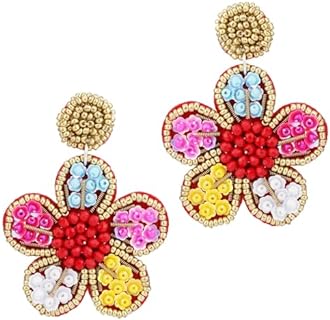 Beaded Drop Earrings, Statement Beaded Pink Flower Earrings for Women Bohemia Bead Dangle Earrings Boho Handmade Beadwork Jewelry for Girls Summer Holidays Vacation