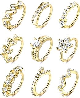 UBGICIG 9Pcs 20G Stainless Steel Nose Rings Hoop for Women Men Paved CZ Cute Cartilage Helix Earrings Hoop Body Piercing for Nose Ear Gold Silver Plated