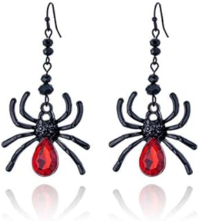 RareLove Gothic Black Spider Dangle Earrings with Red Rhinestones, French Wire Backing, for Women and Girls - Spooky Halloween Costume Design