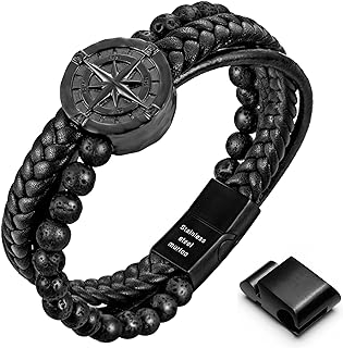 Lobster Claw Clasp Stainless Steel Bead Bracelet with Braided and Bead Chain for Men - Multi-layer Leather Design with Compass Detail - Ideal Gift for Husband, Father, Boyfriend