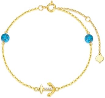 SISGEM 14K Real Gold Anchor Bracelet for Women,Yellow Gold Created Turquoise Beads Station Drop Bracelets Jewelry Christmas Birthday Gifts for Her 6.5''+2''