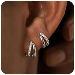 14K Gold Clasp Type Dainty Hoop Earrings with CZ Diamond Accents, Silver and Brass Material, for Women and Girls, Huggie Design