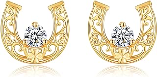 14K Yellow Gold Horseshoe Stud Earrings with Cubic Zirconia for Women - Push Back Clasp, Teardrop and Cross Shape, Perfect for Gifts on Special Occasions