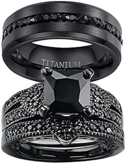 ringheart 2 Rings His and Hers Ring Couple Rings Black Cz Rings Womens Wedding Ring Sets Titanium Steel Mens Wedding Bands
