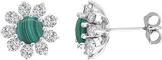 Exquisite 14K White Gold Push-Back Malachite Stud Earrings with Diamond Halo Accent for Men & Women, Round Design, 7/16 inch Wide