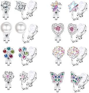 FASACCO 8-10 Pairs Copper Clip-on Earrings with Crystal, Flower, Heart, Butterfly & Pearl Designs for Girls - Non-Pierced Fun & Colorful Accessories