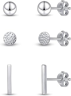 Amberta Women 925 Sterling Silver Minimalist Stud Earrings Set