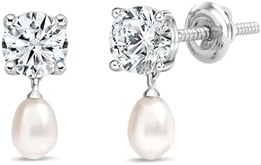 1 Carat Lab Grown Diamond and Freshwater Pearl Drop Earrings in 925 Sterling Silver for Women with Screw Back Design