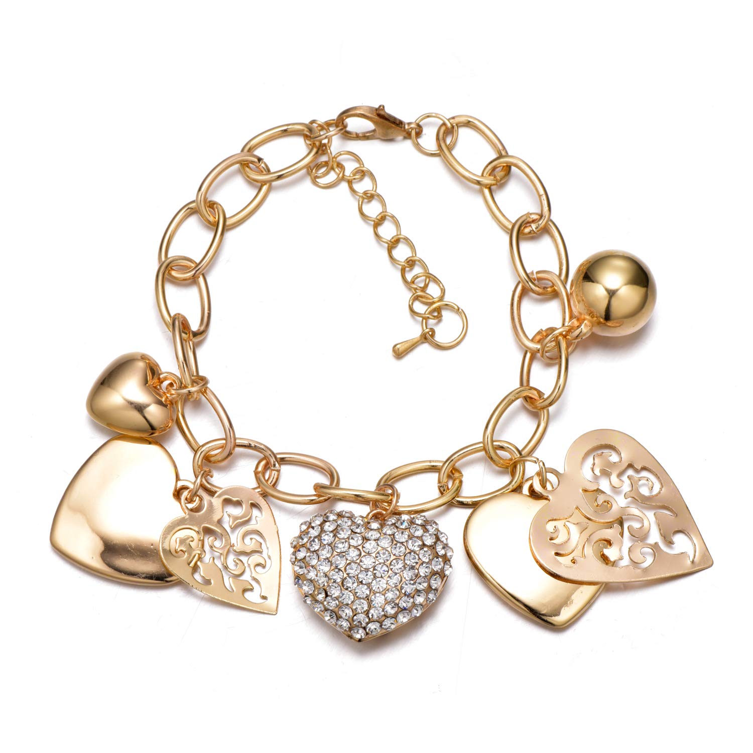 Gold Chain Link Bracelet - 7"+ 2" Extender 14K Gold Plated Love Locked Bracelets for Women and Girls, with Crystal, Love Heart,Key, Lock, Charm Bracelet
