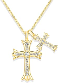 Moissanite Cross Necklace for Women and Men, Gold/S925 Sterling Silver Cross Necklace for Boy and Girl, Diamond Cross Faith Pendant Necklaces for Father's Day (Gold)