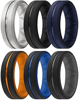 ThunderFit Silicone Wedding Rings for Men, Breathable Brushed Top Middle Engraved Line Rubber Engagement Bands 8.2mm Wide 2.5mm Thick - 1/4/6/7 Variety Multipack