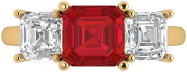 Clara Pucci 4.0 ct Square Emerald Cut Created Ruby 18K White Gold Three-Stone Wedding Engagement Bridal Promise Ring