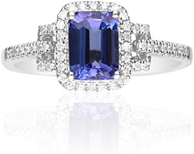 Emerald-Cut Genuine Tanzanite & Diamond 14K White Gold Ring, Special Handcrafted Jewelry Gift for Classy Women by Gin & Grace
