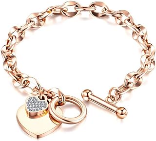 THINTOM Womens Stainless Steel Link Chain Heart Charms Bracelets for Teen Age Girl 7.09'' Length Toggle Clasp Closure