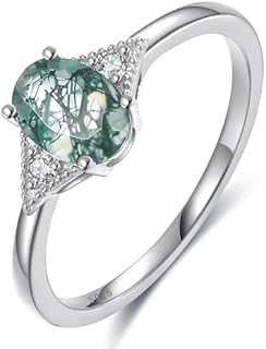 Natural Moss Agate Gemstone Rings 925 Sterling Silver Engagement Rings for Women Oval Cut Moss Agate Wedding Rings Promise Ring for Her Valentine's Day Gift for Women Size 5-9