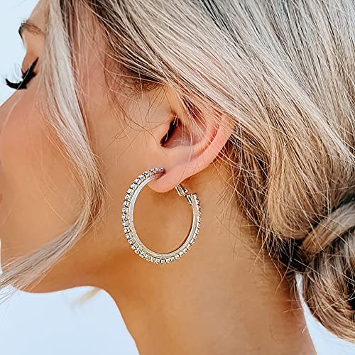 925 Sterling Silver Earrings Large Rhinestone Hoop Earrings Big Cubic Zirconia Hoop Earrings Thin Rhinestones Round Hoop Earrings for Women 20/30/40/50/60/70mm Sparkly Hoops With Crystals for Girl