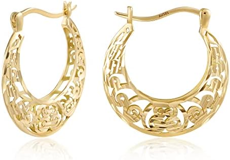 14K Solid Yellow Gold Hoop Earrings Dainty Hollow Carved Flower Vine Vintage Filigree Texture Moon Hoop Earrings