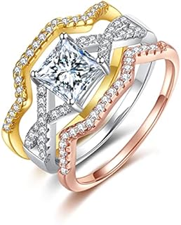 Women's Three Tone Bridal Ring Set: Infinity Forever Love, Split Shank Design with Cubic Zirconia Princess Cut in Platinum, 14K Yellow & Rose Gold Plated, 925 Sterling Silver