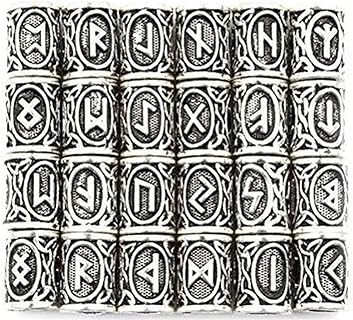 JEWUNO WarmShine Round Viking Rune Beads Necklace Set in Antique Silver, High-Quality Zinc Material, 24 pcs Uniquely Designed Pendants for DIY Bracelet, Hair, Beard Jewelry