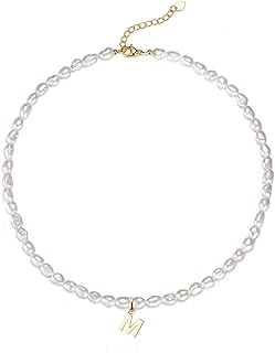 Women's Initial Freshwater Pearl Choker Necklace - 14K Gold-Plated Stainless Steel with Lobster Claw Clasp - Ideal Gift for Her