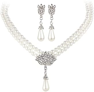 Timeless Silver Pearl and Crystal Necklace with Lobster Clasp for Women - Elegant Bridal Jewelry Set with Distinctive Layered Design