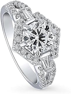 BERRICLE Sterling Silver Hexagon Wedding Engagement Rings Cubic Zirconia CZ Halo Split Shank Ring for Women, Rhodium Plated Size 4-10