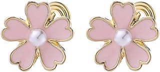 Clip On Pink Flower Pearl Fake Stud Earrings for Women Girls No Piercings Ear Fashion Elegant Cherry Blossom Huggie Studs Wedding Valentines Day Jewelry Gifts for Birthday Hypoallergenic 10mm