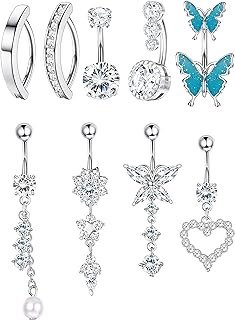 YADOCA 9Pcs 14G Clicker Belly Button Ring for Women Surgical Steel Belly Rings Dangle Simple Pearl Butterfly CZ Reverse Navel Rings Belly Piercing